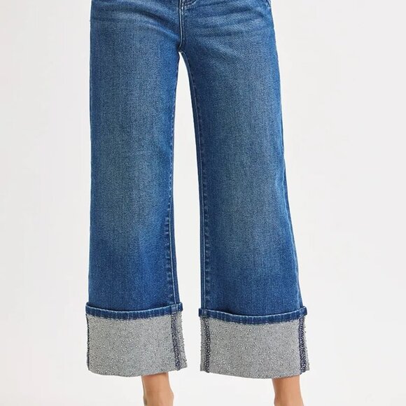 RISEN High Rise Ankle Wide Rhine Stone Cuffed‎ Jeans - Picture 6 of 7